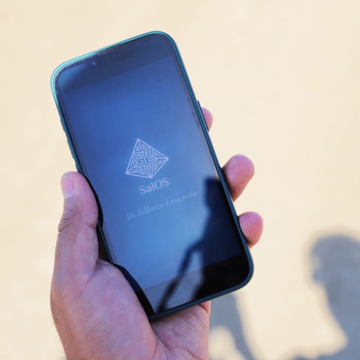 The recording platform open on a phone, held at the edge of the salt pans.