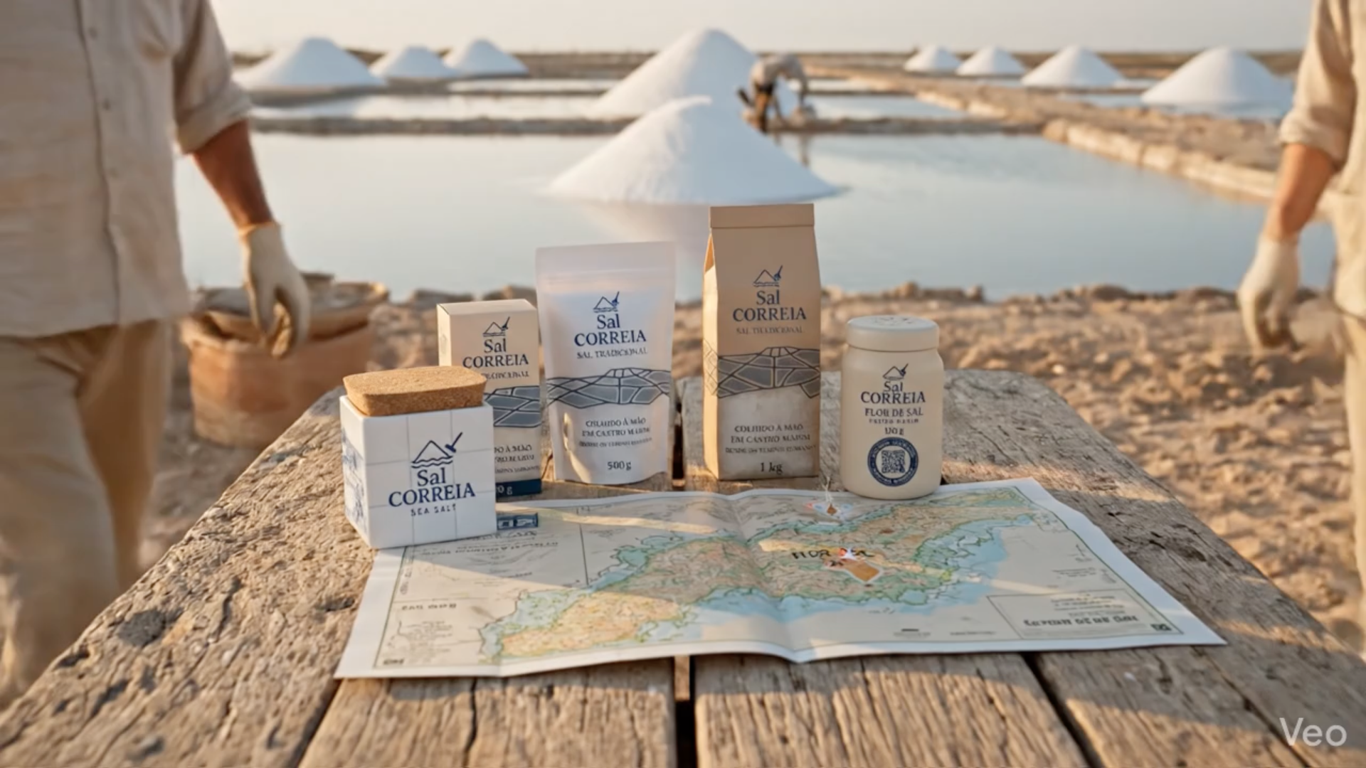 Sal Correia Flor de Sal and Sal Tradicional on a wooden table beside a nautical map of the Algarve, with salt pans and salt mounds in the background.