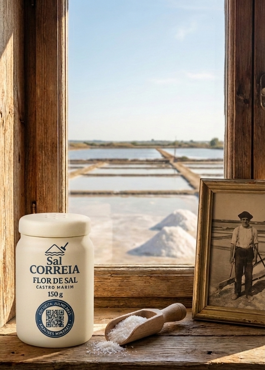 Sal Correia Flor de Sal jar with QR code, salt scoop, and archival marnoto portrait framed by a window overlooking the Castro Marim salt pans